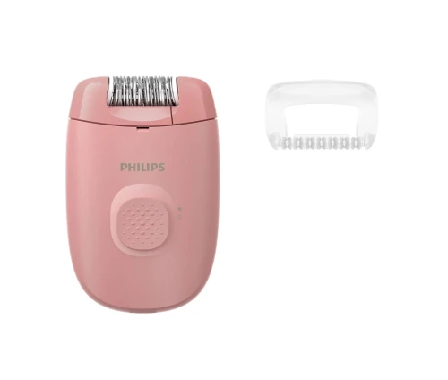 Philips Satinelle Essential BRE227/00 αποτριχωτική μηχανή σε ροζ χρώμα με το εξάρτημά της σε λευκό φόντο.
